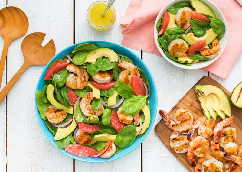 Grilled Shrimp, Pink Grapefruit, and Avocado Salad